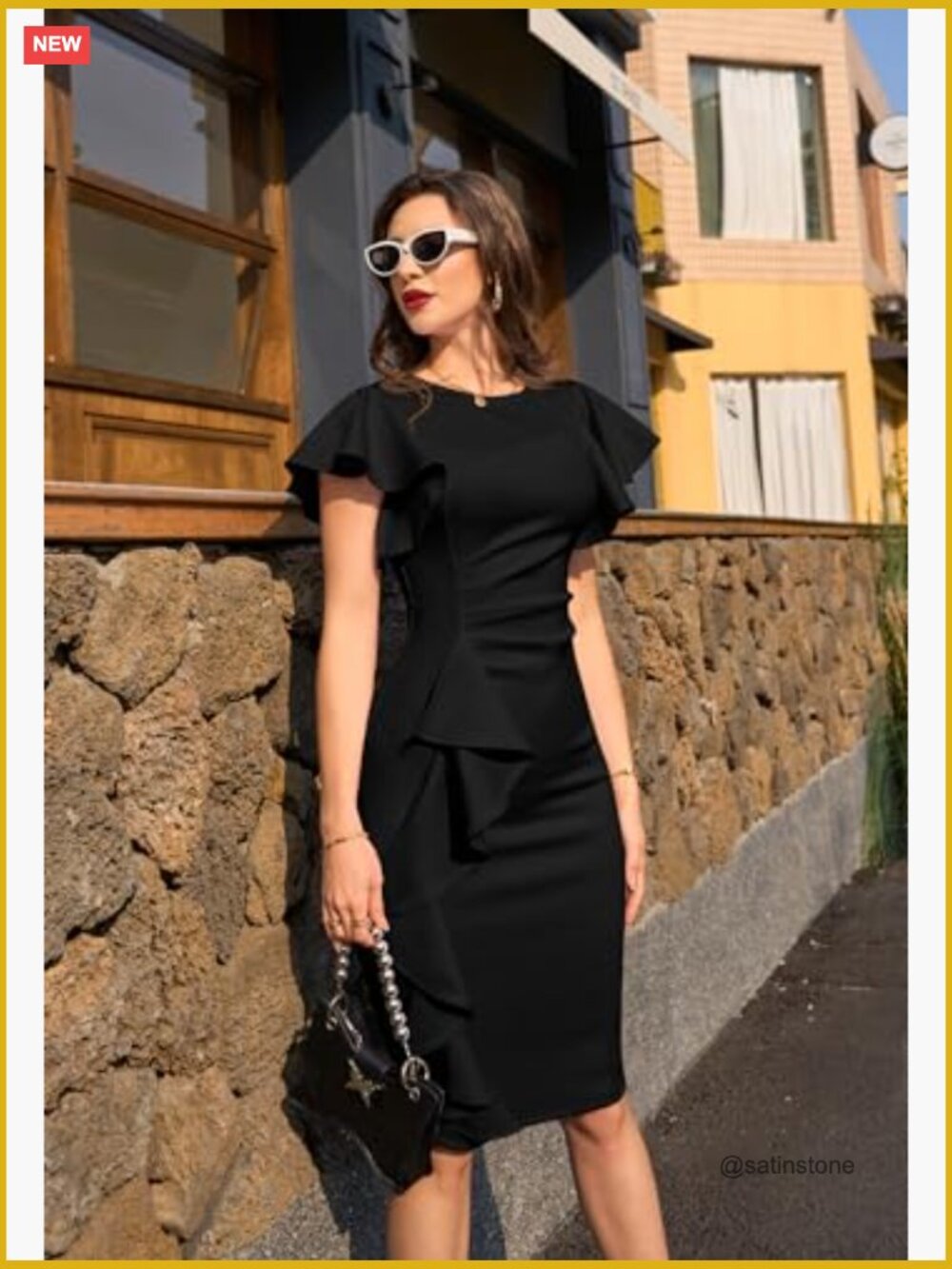 Vintage Church Ruffle Sleeve Ruched Bodycon Midi Pencil Dress - Picture 2 of 7